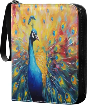 Colorful Peacock Pattern Card Binder 4-Pocket, 400 Pockets PU Waterproof Zippered Collector Card Album with 50 Removable Sleeves for Trading, Game Cards