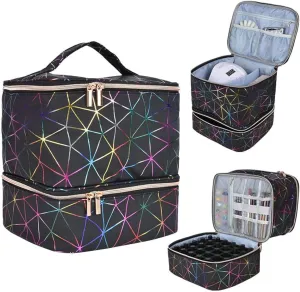 Colorful PU Nail Polish Organizer Storage Bag Professional Nail Accessories Kit Holds 30 Bottle (15ml/ 0.5 fl.oz) and a Nail Lamp Case Double Layer Nail Polish Carrying Case(black)