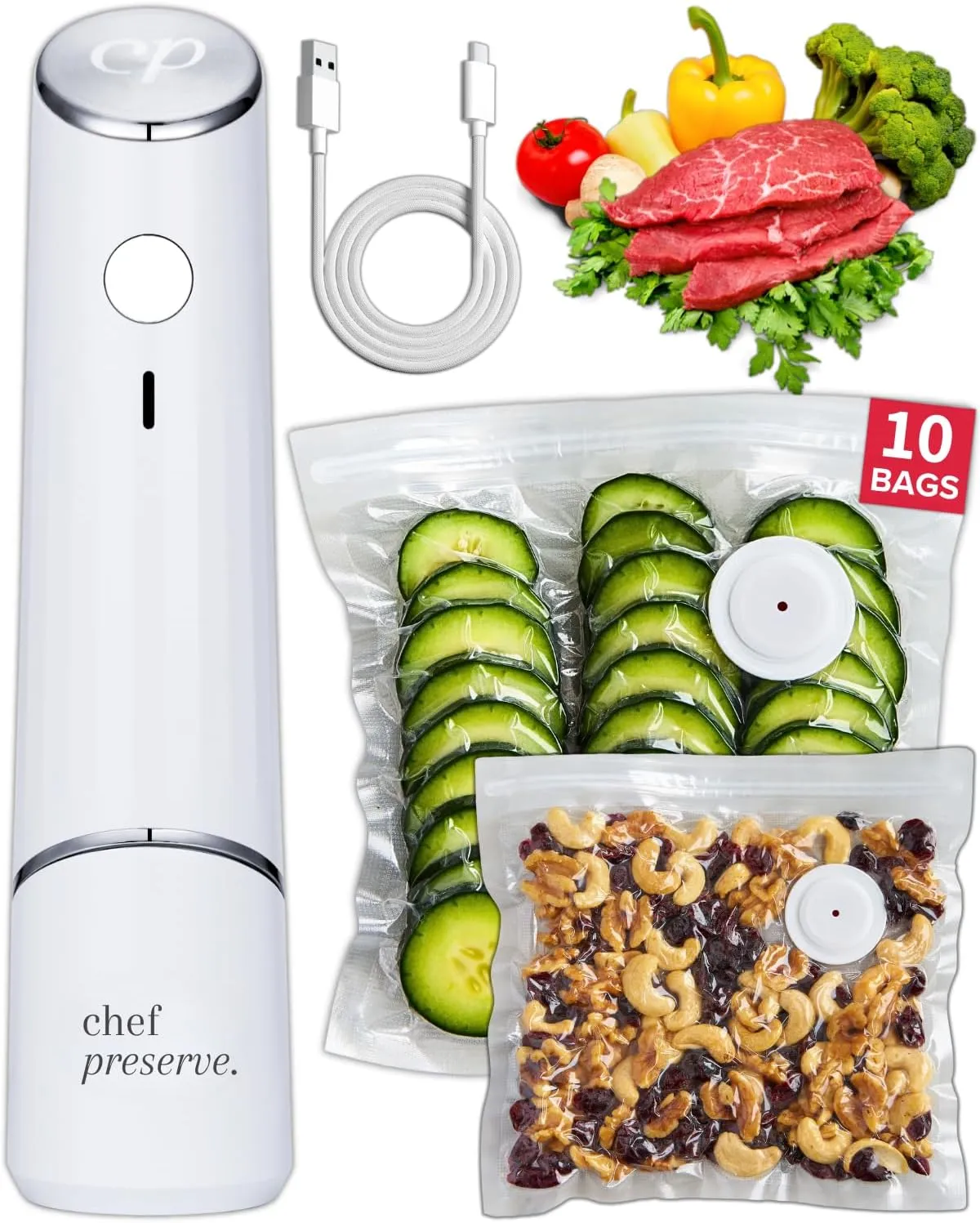 Compact Vacuum Sealer for Food (Vacuum Sealer Machine   10 Reusable Vacuum Bags) Powerful Handheld Vacuum Sealer Machine, Seal Meal Saver, Portable Food Sealer