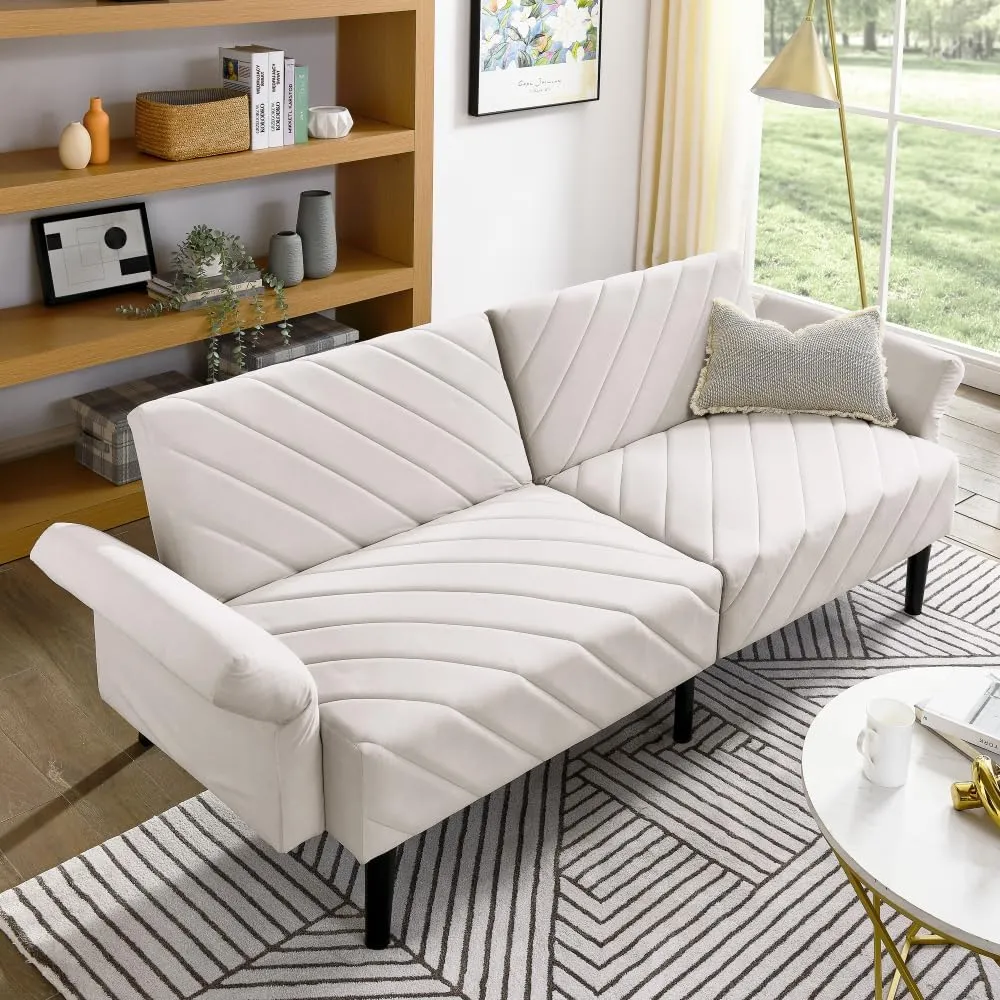 Convertible Folding Sofa Bed with Adjustable Armrests, Metal Frame & High-Density Foam for Apartment Living, Multi-Functional Sleeper Couch