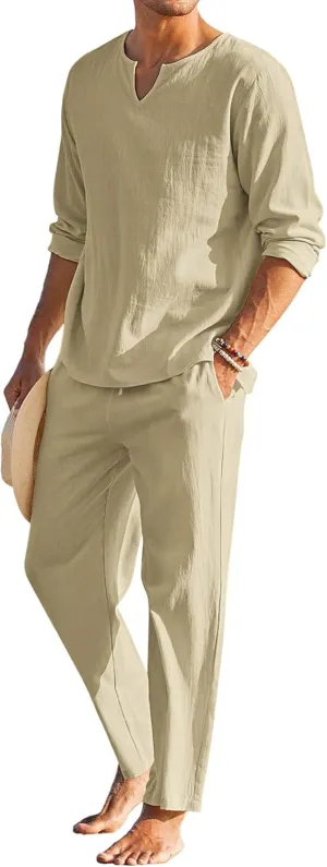 COOFANDY Men's 2 Pieces Cotton Linen Set Henley Shirt Long Sleeve and Casual Beach Pants Summer Yoga Outfits