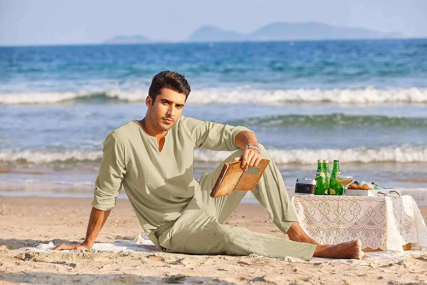 COOFANDY Men's 2 Pieces Cotton Linen Set Henley Shirt Long Sleeve and Casual Beach Pants Summer Yoga Outfits