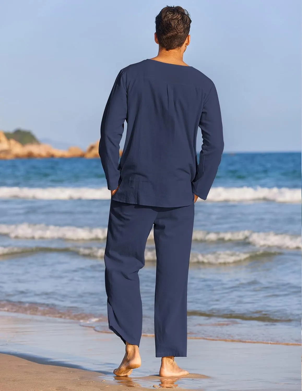 COOFANDY Men's 2 Pieces Cotton Linen Set Henley Shirt Long Sleeve and Casual Beach Pants Summer Yoga Outfits