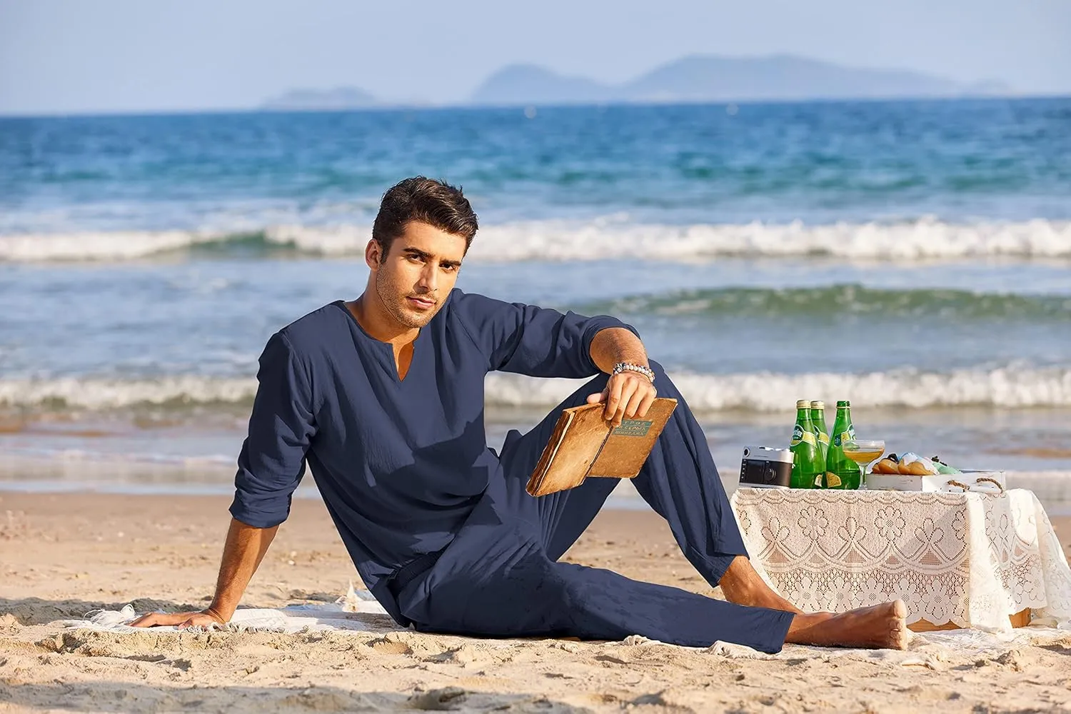 COOFANDY Men's 2 Pieces Cotton Linen Set Henley Shirt Long Sleeve and Casual Beach Pants Summer Yoga Outfits