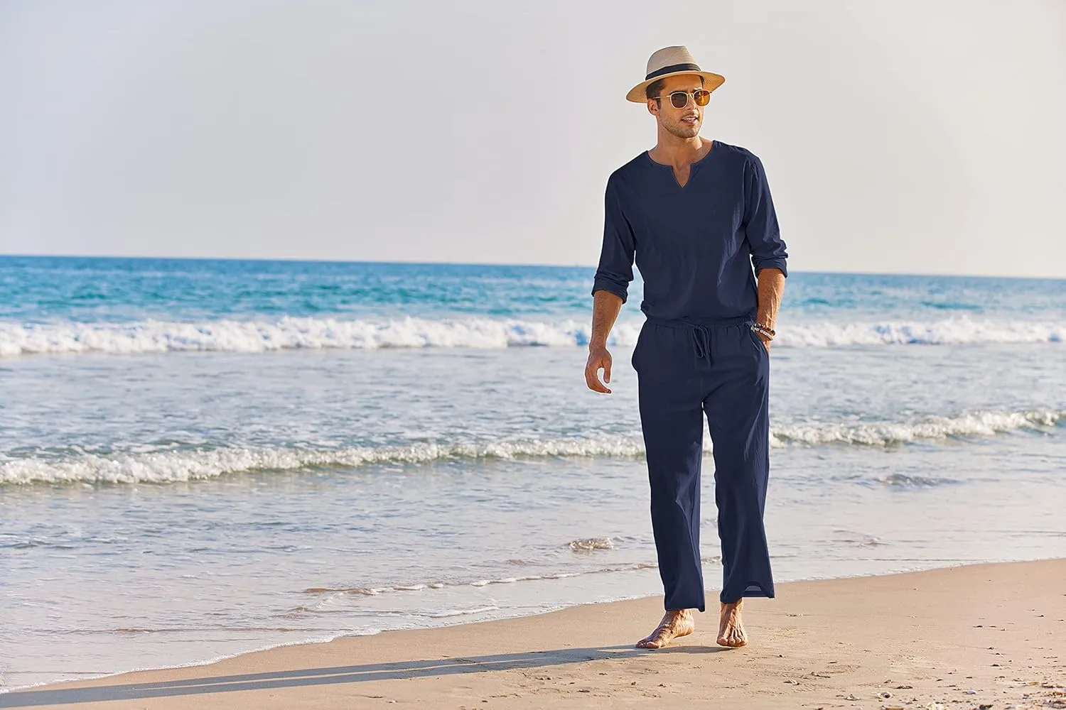 COOFANDY Men's 2 Pieces Cotton Linen Set Henley Shirt Long Sleeve and Casual Beach Pants Summer Yoga Outfits