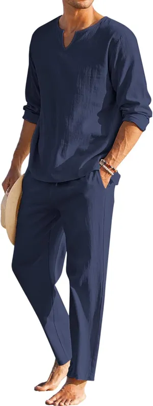 COOFANDY Men's 2 Pieces Cotton Linen Set Henley Shirt Long Sleeve and Casual Beach Pants Summer Yoga Outfits