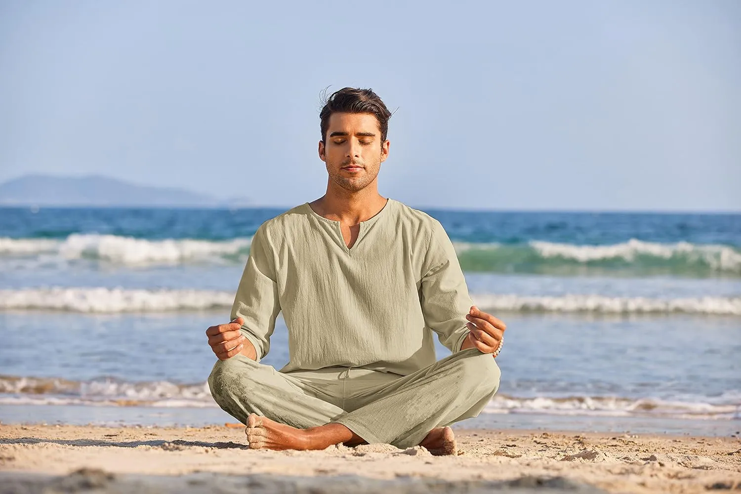 COOFANDY Men's 2 Pieces Cotton Linen Set Henley Shirt Long Sleeve and Casual Beach Pants Summer Yoga Outfits