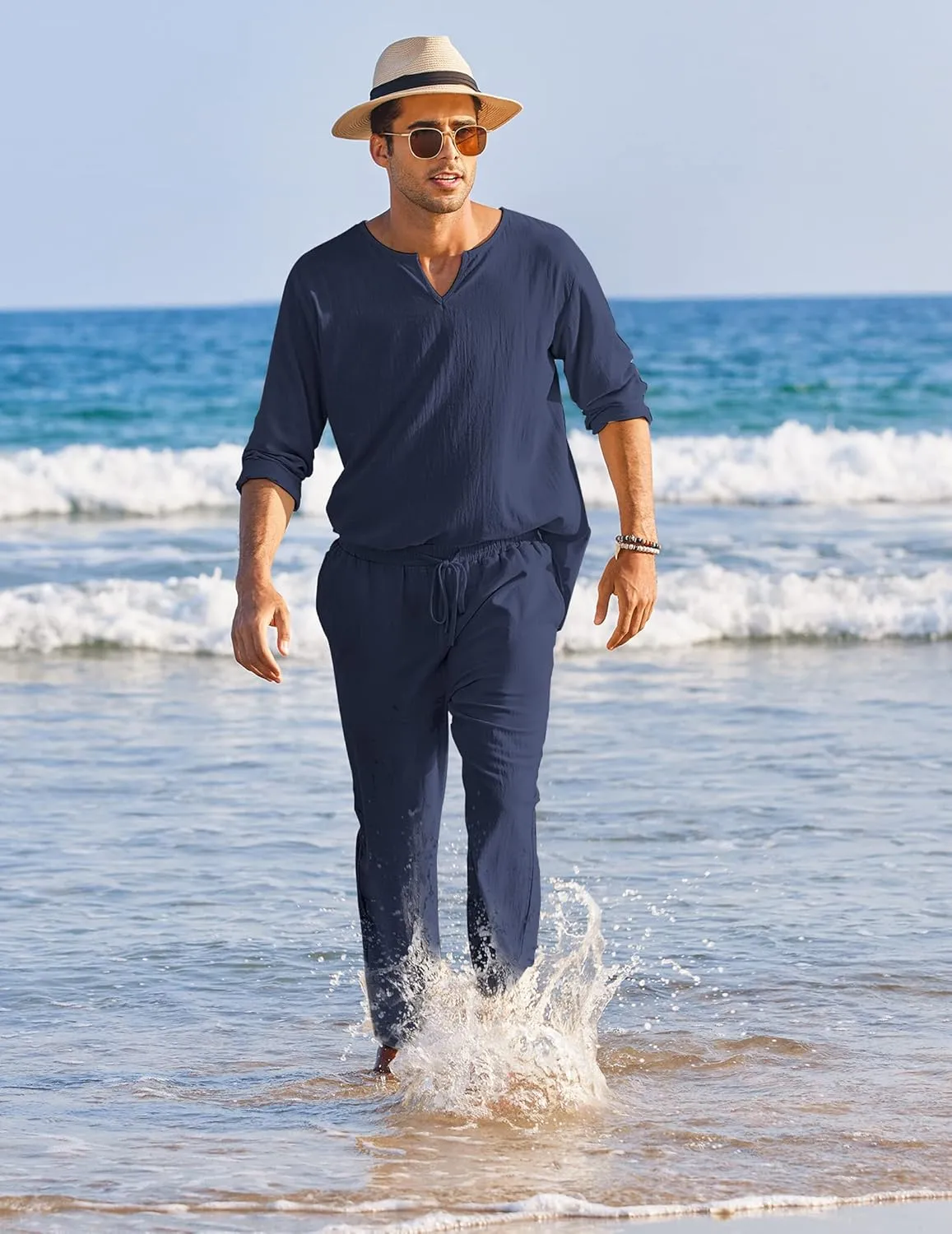 COOFANDY Men's 2 Pieces Cotton Linen Set Henley Shirt Long Sleeve and Casual Beach Pants Summer Yoga Outfits