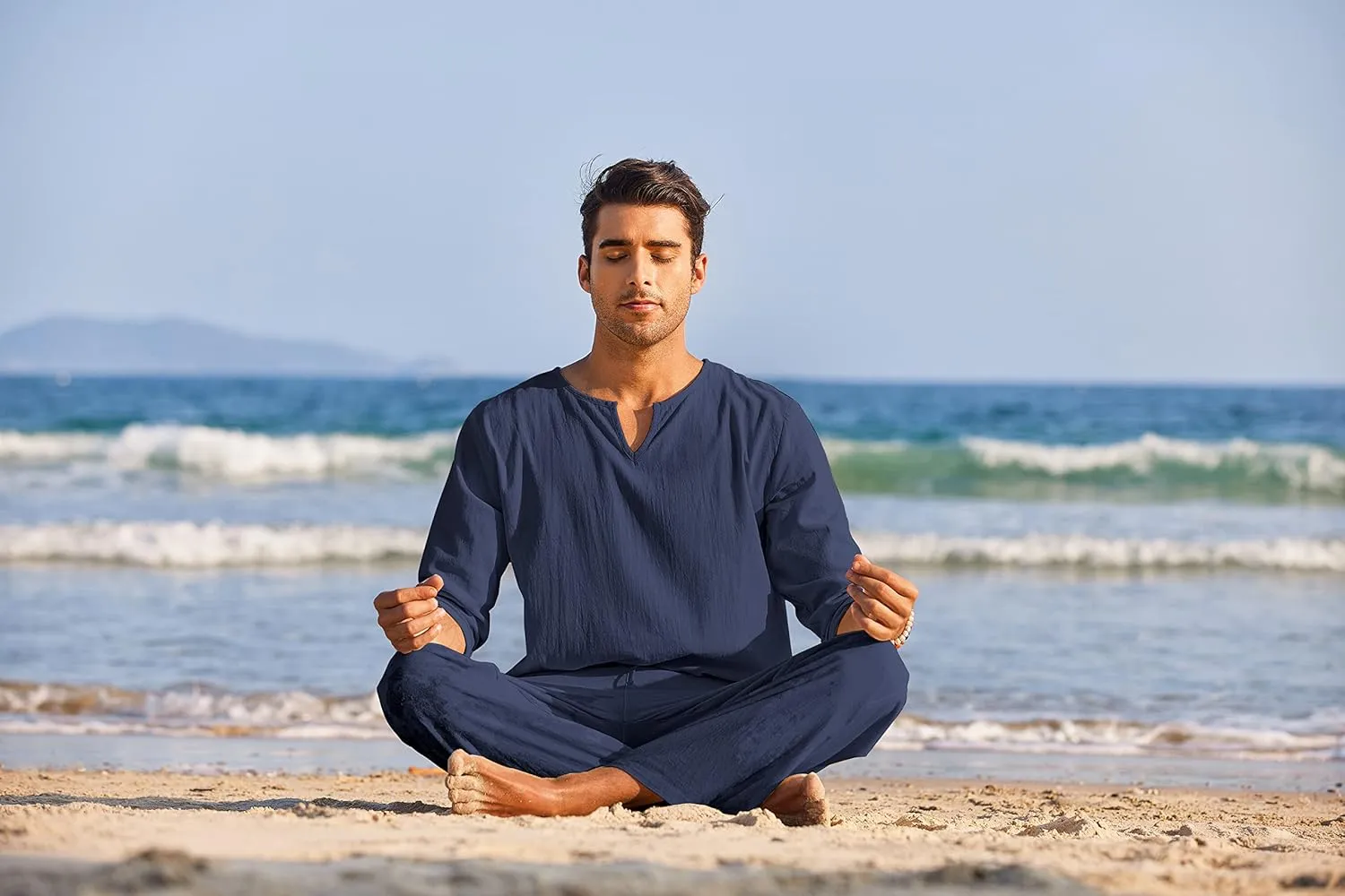 COOFANDY Men's 2 Pieces Cotton Linen Set Henley Shirt Long Sleeve and Casual Beach Pants Summer Yoga Outfits