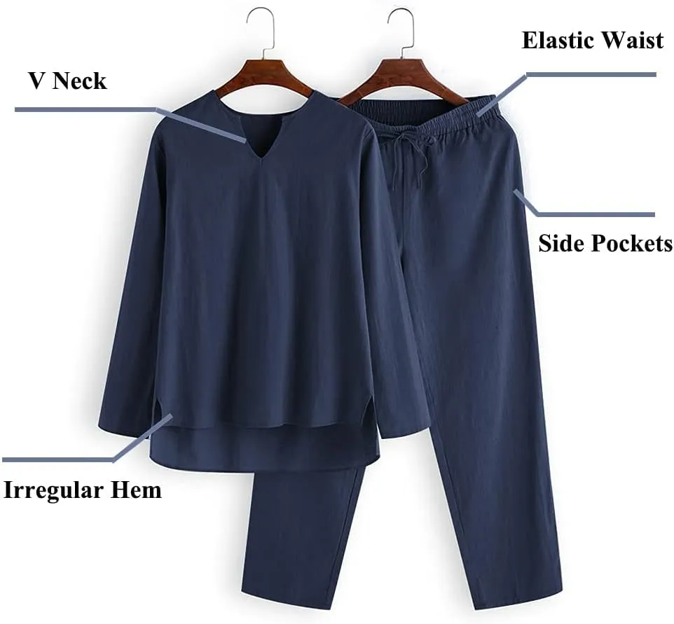 COOFANDY Men's 2 Pieces Cotton Linen Set Henley Shirt Long Sleeve and Casual Beach Pants Summer Yoga Outfits