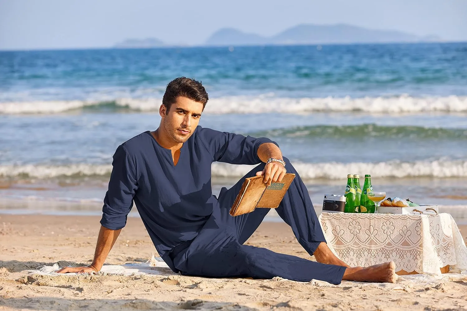 COOFANDY Men's 2 Pieces Cotton Linen Set Henley Shirt Long Sleeve and Casual Beach Pants Summer Yoga Outfits
