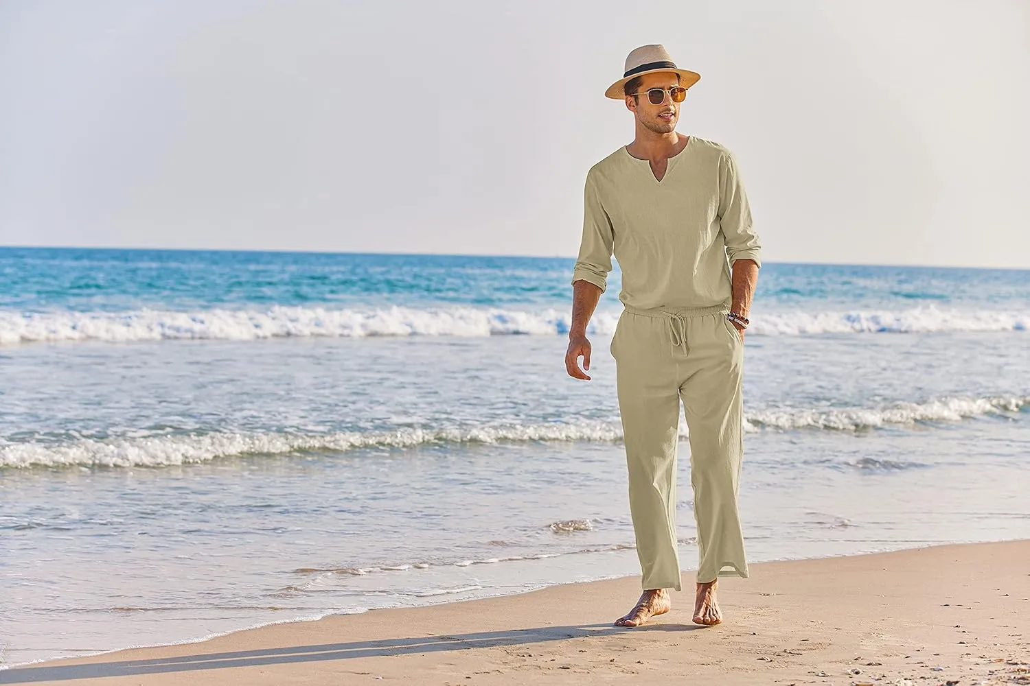 COOFANDY Men's 2 Pieces Cotton Linen Set Henley Shirt Long Sleeve and Casual Beach Pants Summer Yoga Outfits