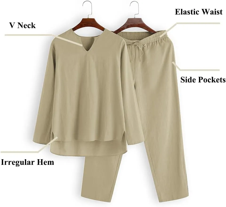 COOFANDY Men's 2 Pieces Cotton Linen Set Henley Shirt Long Sleeve and Casual Beach Pants Summer Yoga Outfits