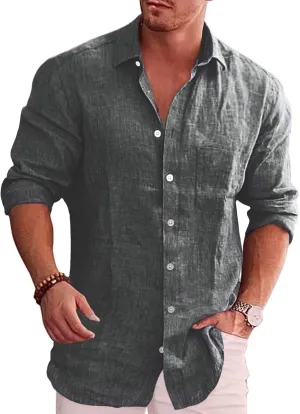 COOFANDY Men's Casual Button Down Shirt Long Sleeve Linen Chambray Shirt