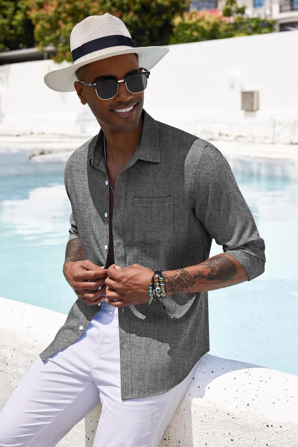 COOFANDY Men's Casual Button Down Shirt Long Sleeve Linen Chambray Shirt