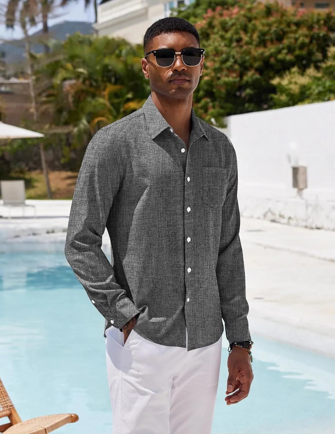 COOFANDY Men's Casual Button Down Shirt Long Sleeve Linen Chambray Shirt