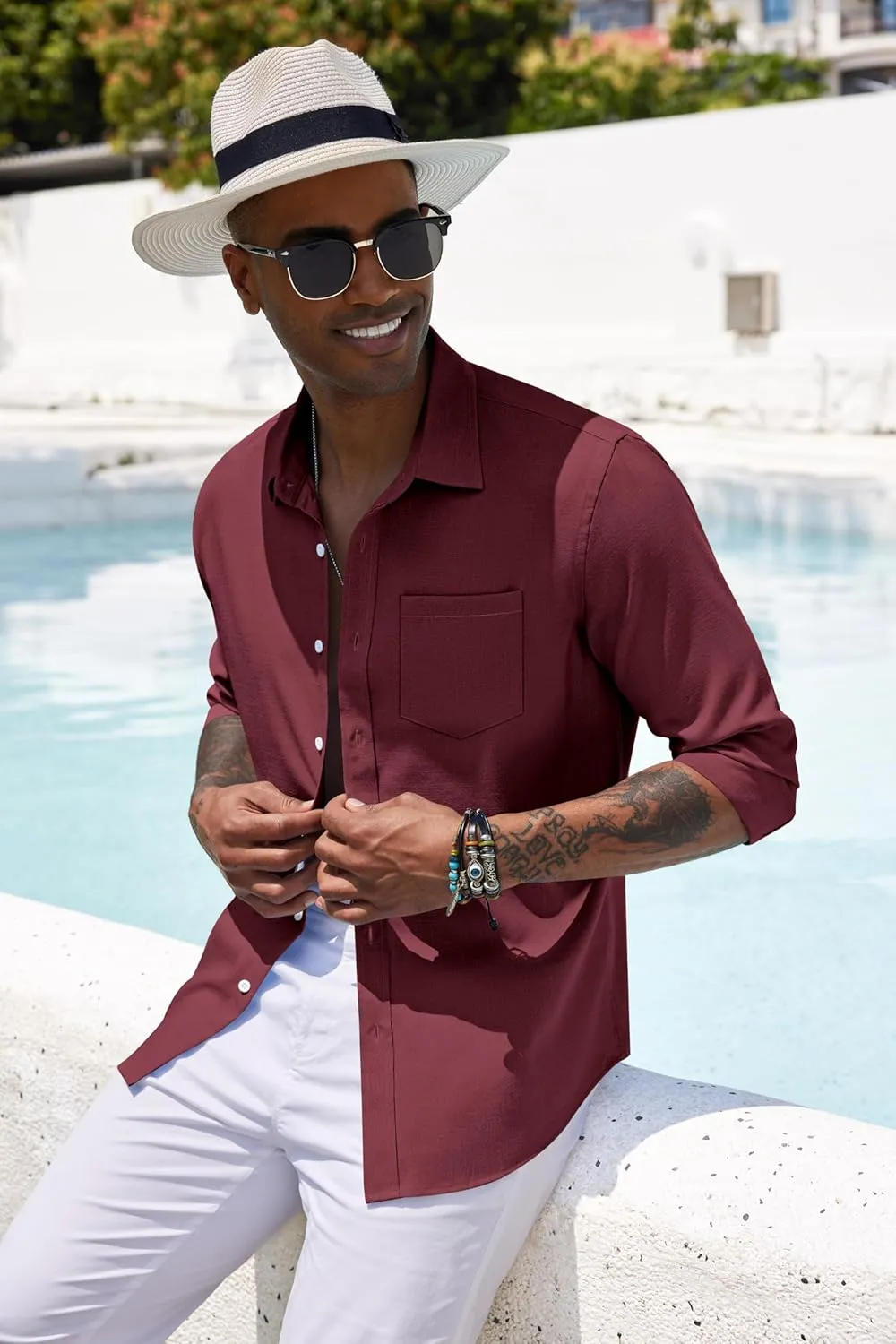 COOFANDY Men's Casual Button Down Shirt Long Sleeve Linen Chambray Shirt