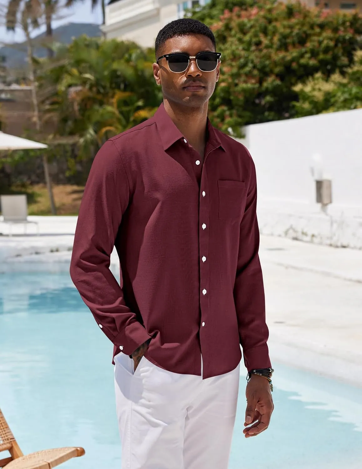 COOFANDY Men's Casual Button Down Shirt Long Sleeve Linen Chambray Shirt