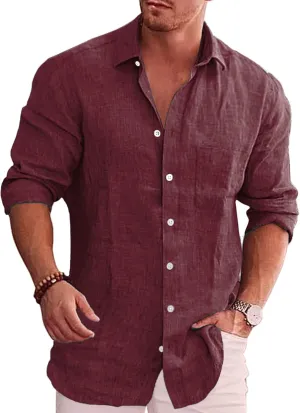 COOFANDY Men's Casual Button Down Shirt Long Sleeve Linen Chambray Shirt