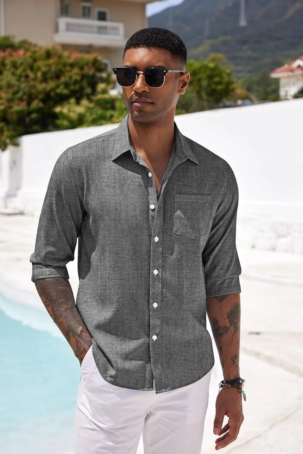 COOFANDY Men's Casual Button Down Shirt Long Sleeve Linen Chambray Shirt