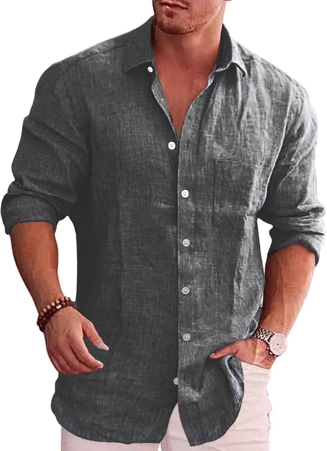 COOFANDY Men's Casual Button Down Shirt Long Sleeve Linen Chambray Shirt