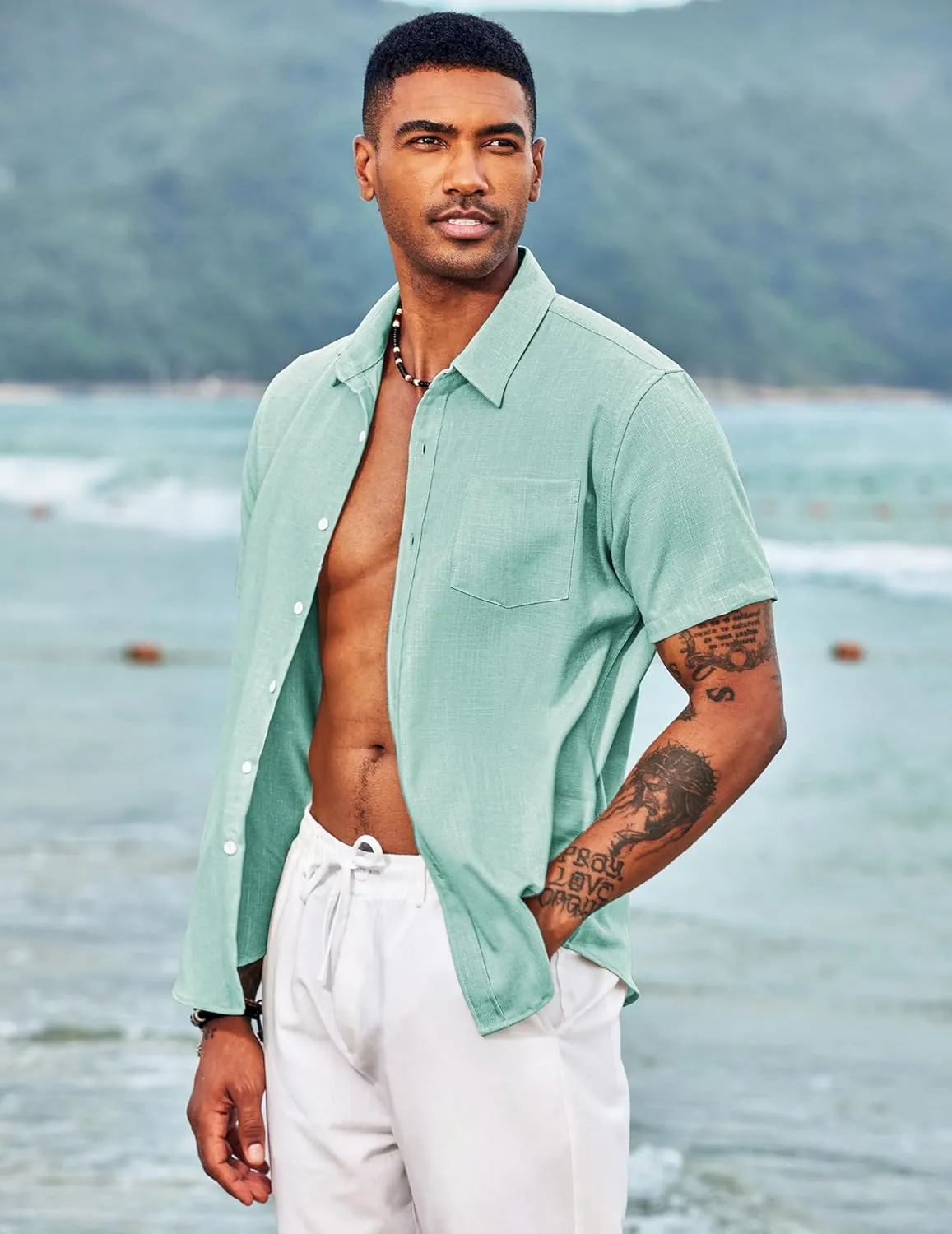 COOFANDY Men's Casual Button Down Shirts Short Sleeve Linen Shirts Summer Beach Dress Shirt