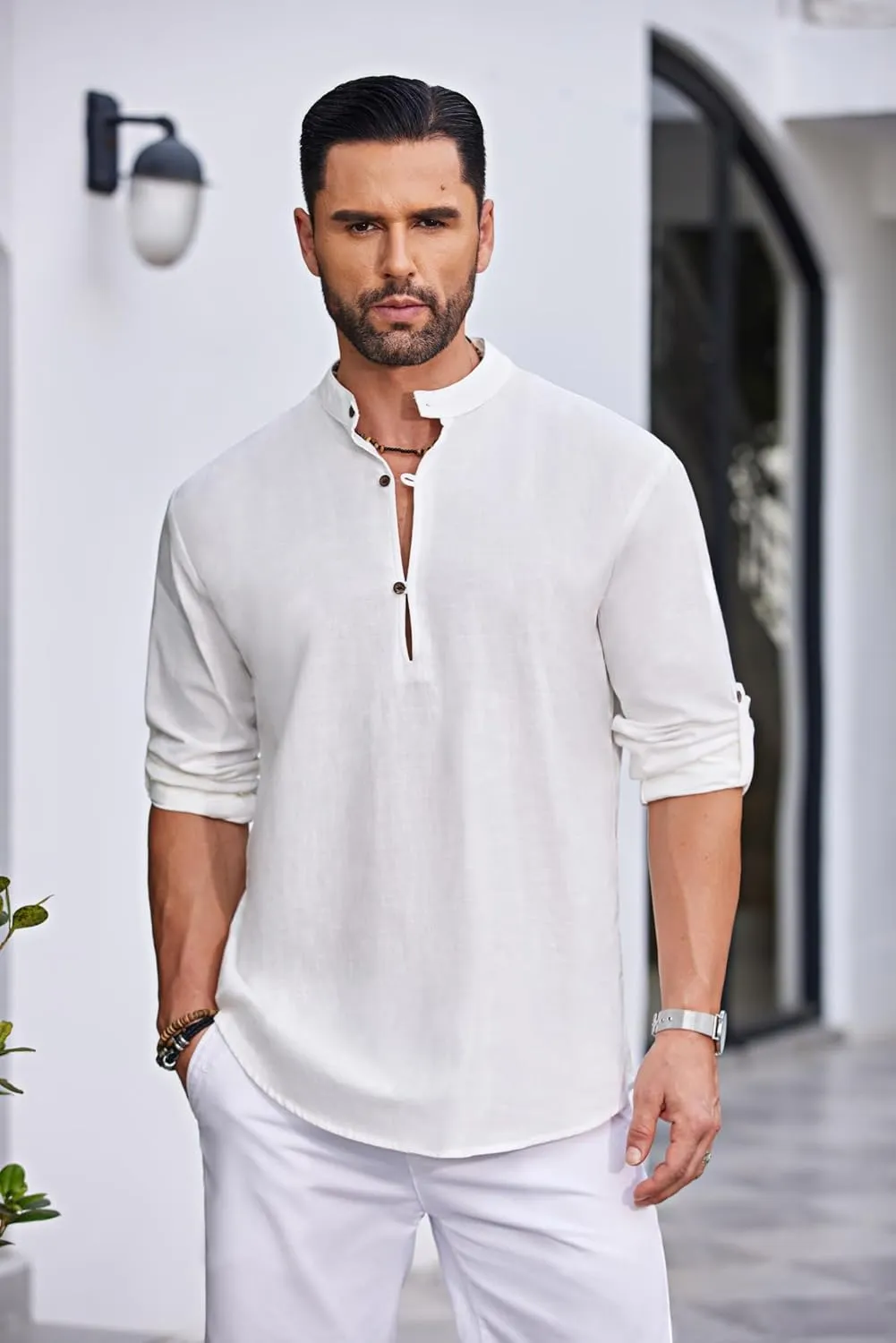 COOFANDY Men's Cotton Linen Henley Shirt Casual Beach Hippie Shirts Long Sleeve T-Shirts
