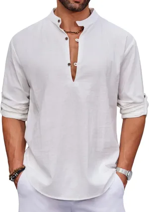 COOFANDY Men's Cotton Linen Henley Shirt Casual Beach Hippie Shirts Long Sleeve T-Shirts