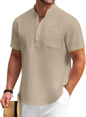 COOFANDY Men's Cotton Linen Henley Shirt Short Sleeve Hippie Casual Beach T-Shirts with Pocket