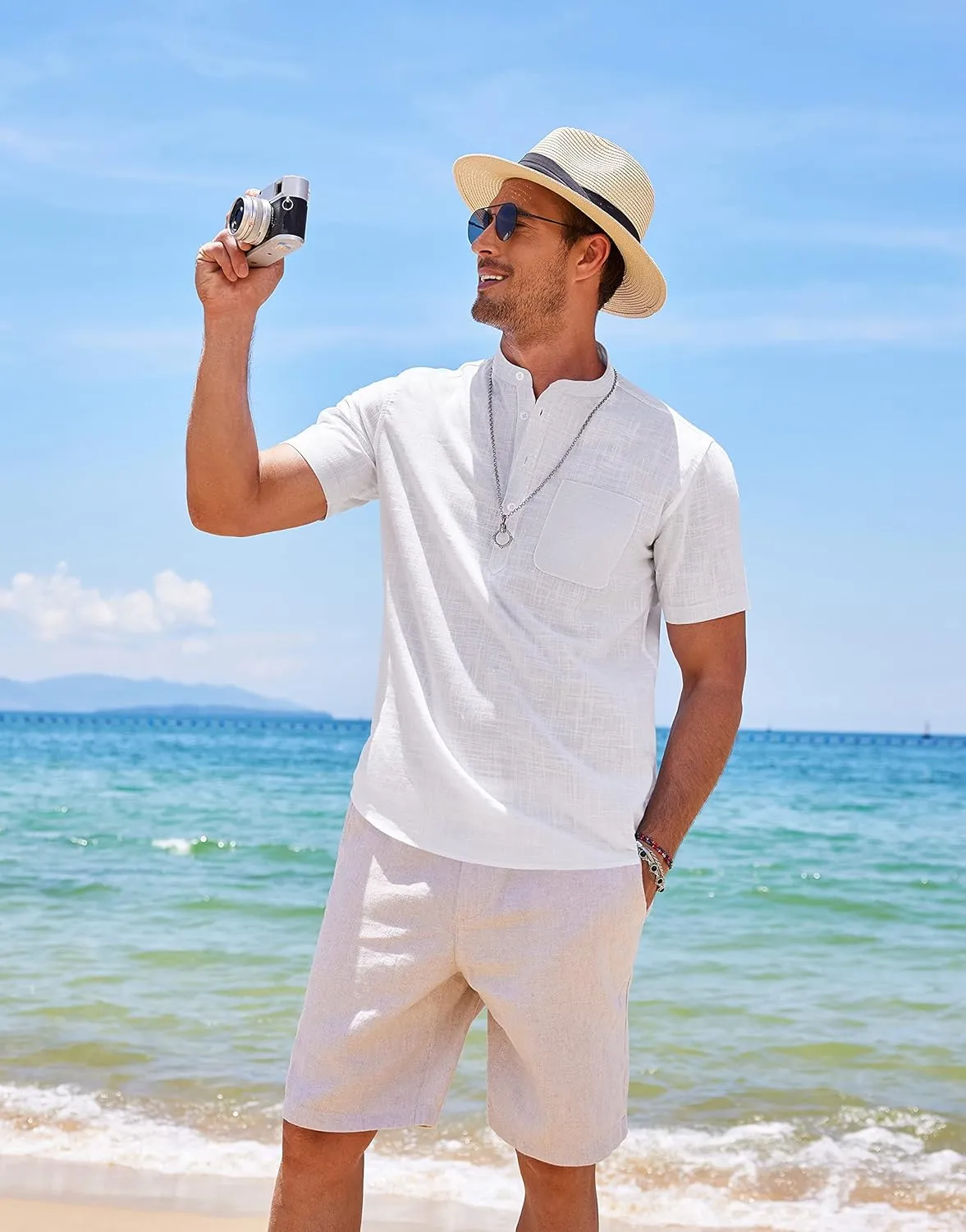 COOFANDY Men's Cotton Linen Henley Shirt Short Sleeve Hippie Casual Beach T-Shirts with Pocket