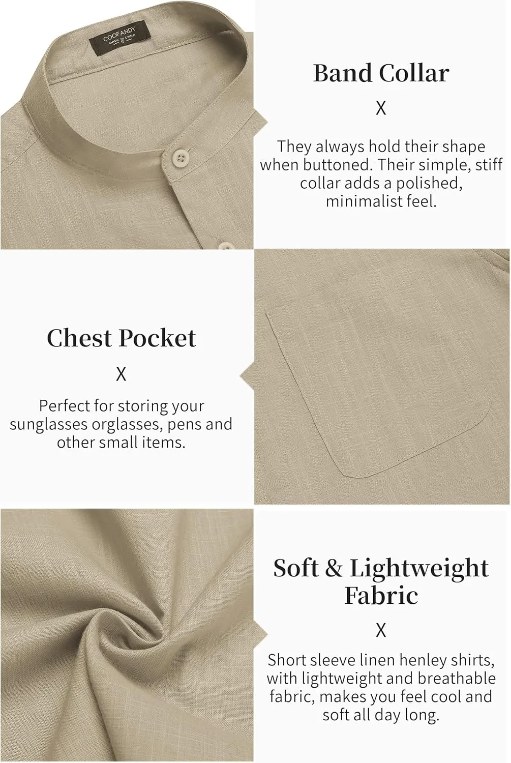 COOFANDY Men's Cotton Linen Henley Shirt Short Sleeve Hippie Casual Beach T-Shirts with Pocket