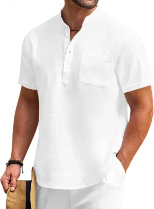 COOFANDY Men's Cotton Linen Henley Shirt Short Sleeve Hippie Casual Beach T-Shirts with Pocket