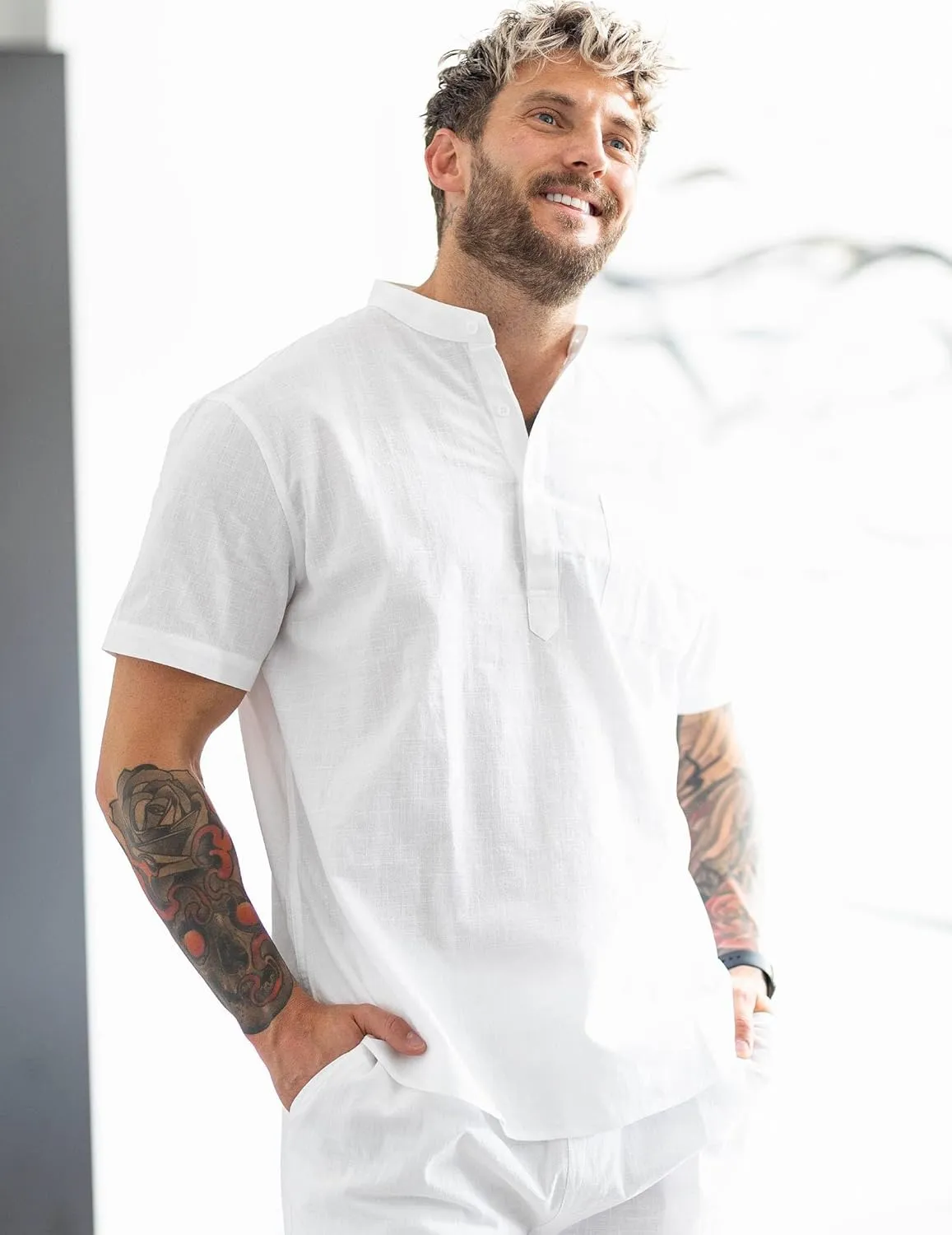 COOFANDY Men's Cotton Linen Henley Shirt Short Sleeve Hippie Casual Beach T-Shirts with Pocket