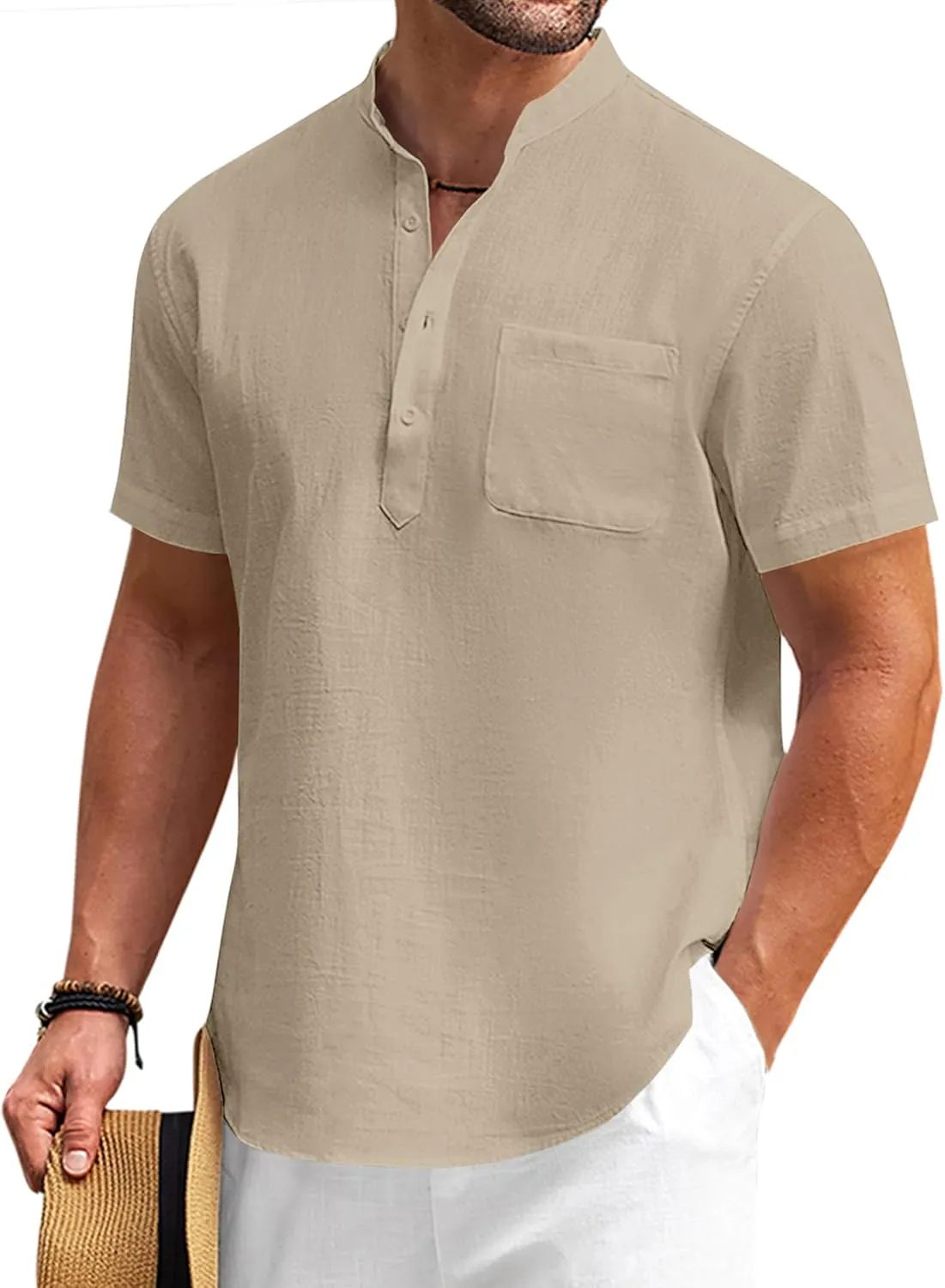 COOFANDY Men's Cotton Linen Henley Shirt Short Sleeve Hippie Casual Beach T-Shirts with Pocket