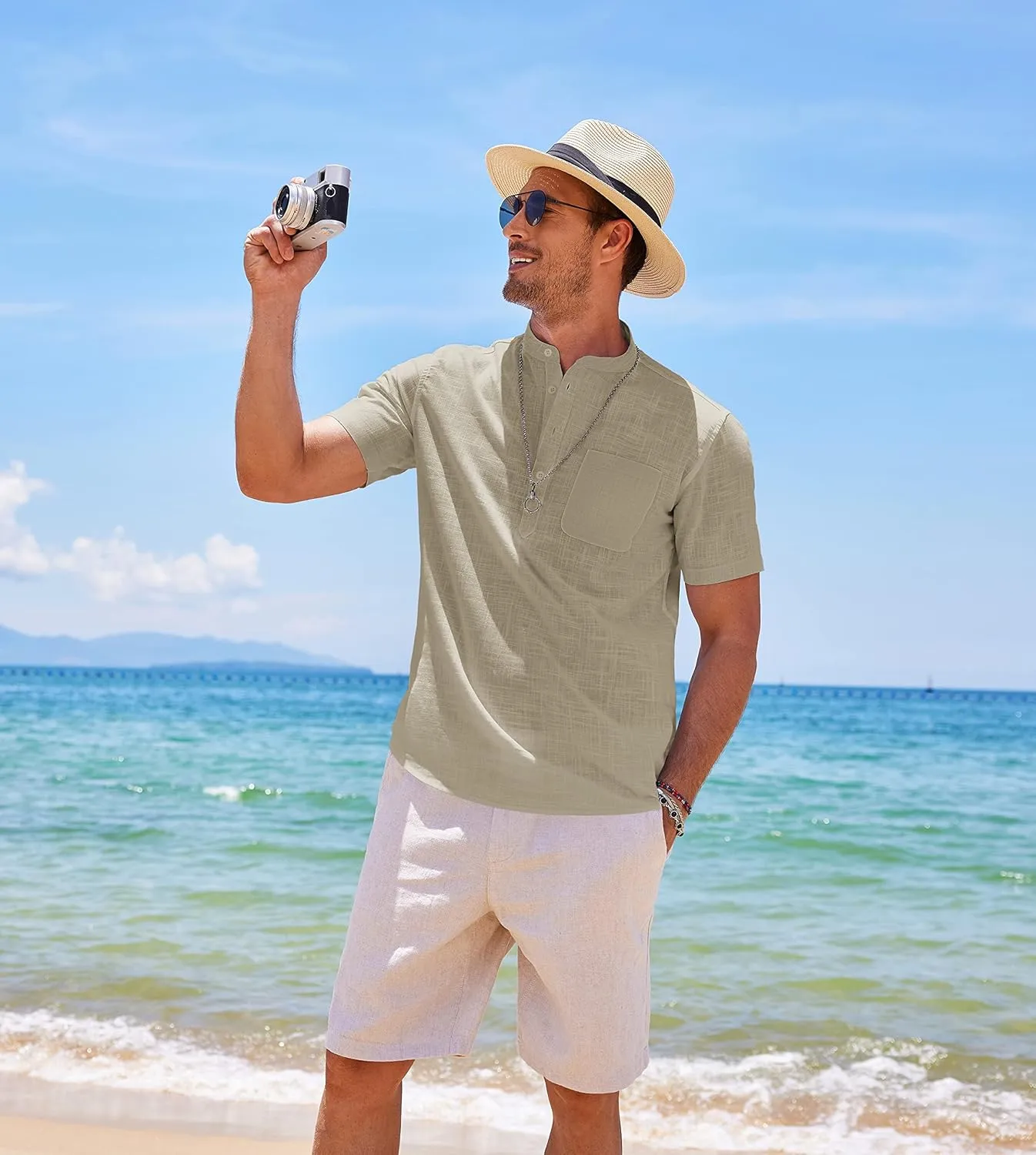 COOFANDY Men's Cotton Linen Henley Shirt Short Sleeve Hippie Casual Beach T-Shirts with Pocket