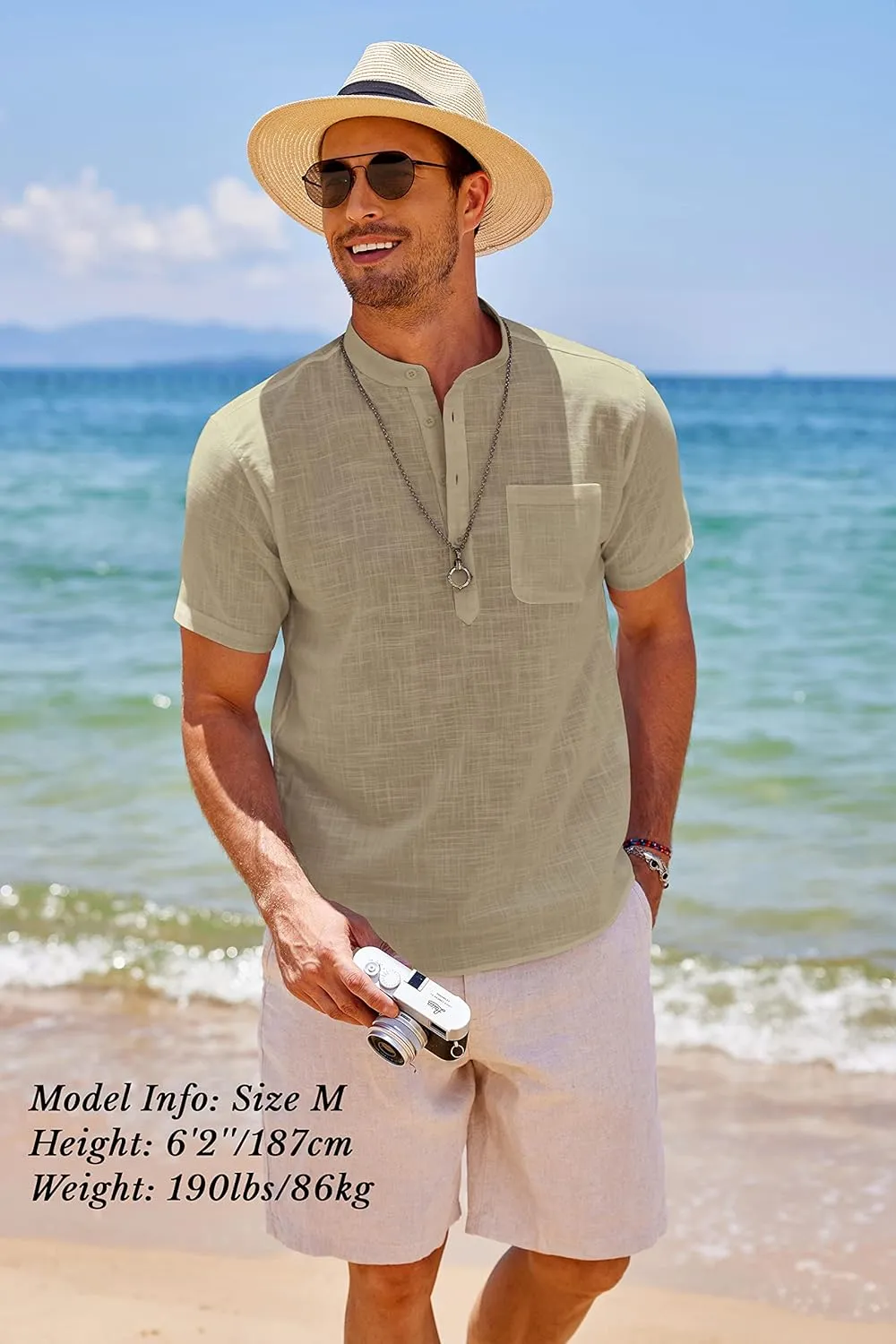 COOFANDY Men's Cotton Linen Henley Shirt Short Sleeve Hippie Casual Beach T-Shirts with Pocket