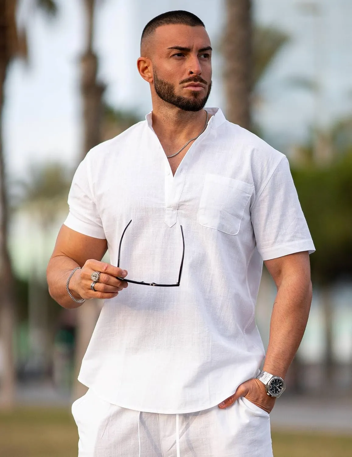 COOFANDY Men's Cotton Linen Henley Shirt Short Sleeve Hippie Casual Beach T-Shirts with Pocket
