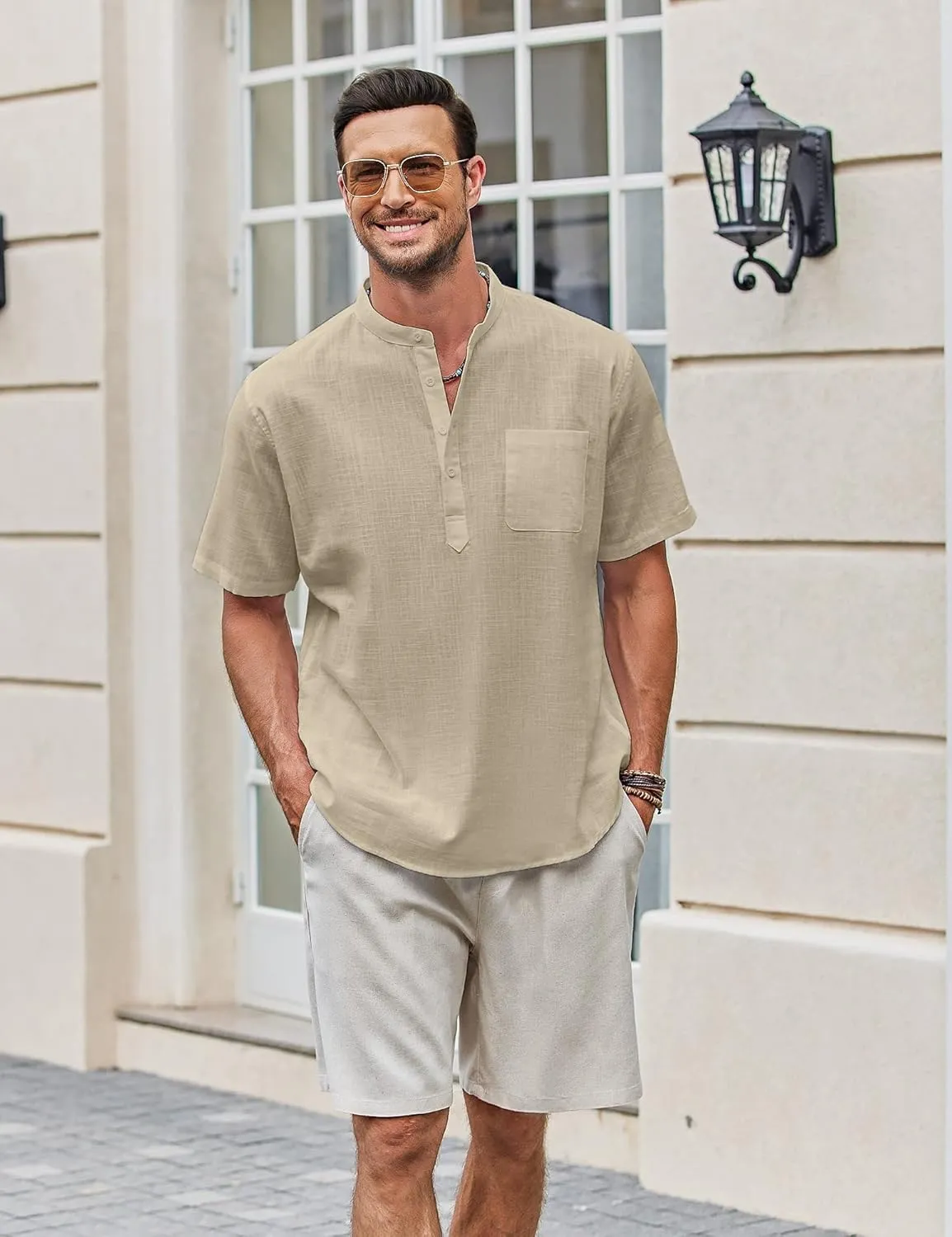 COOFANDY Men's Cotton Linen Henley Shirt Short Sleeve Hippie Casual Beach T-Shirts with Pocket