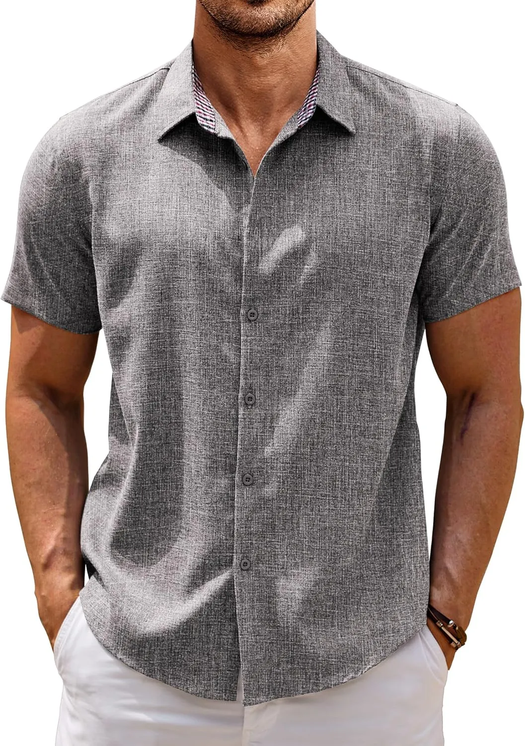COOFANDY Mens Linen Shirt Short Sleeve Button Down Shirts Casual Plaid Collar Summer Beach Shirts