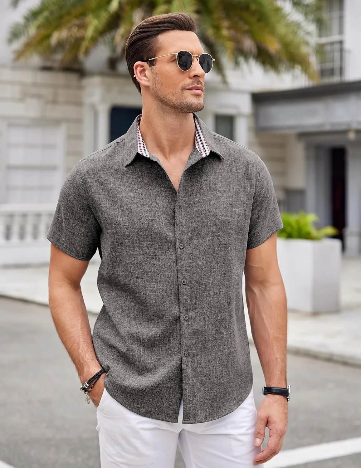 COOFANDY Mens Linen Shirt Short Sleeve Button Down Shirts Casual Plaid Collar Summer Beach Shirts
