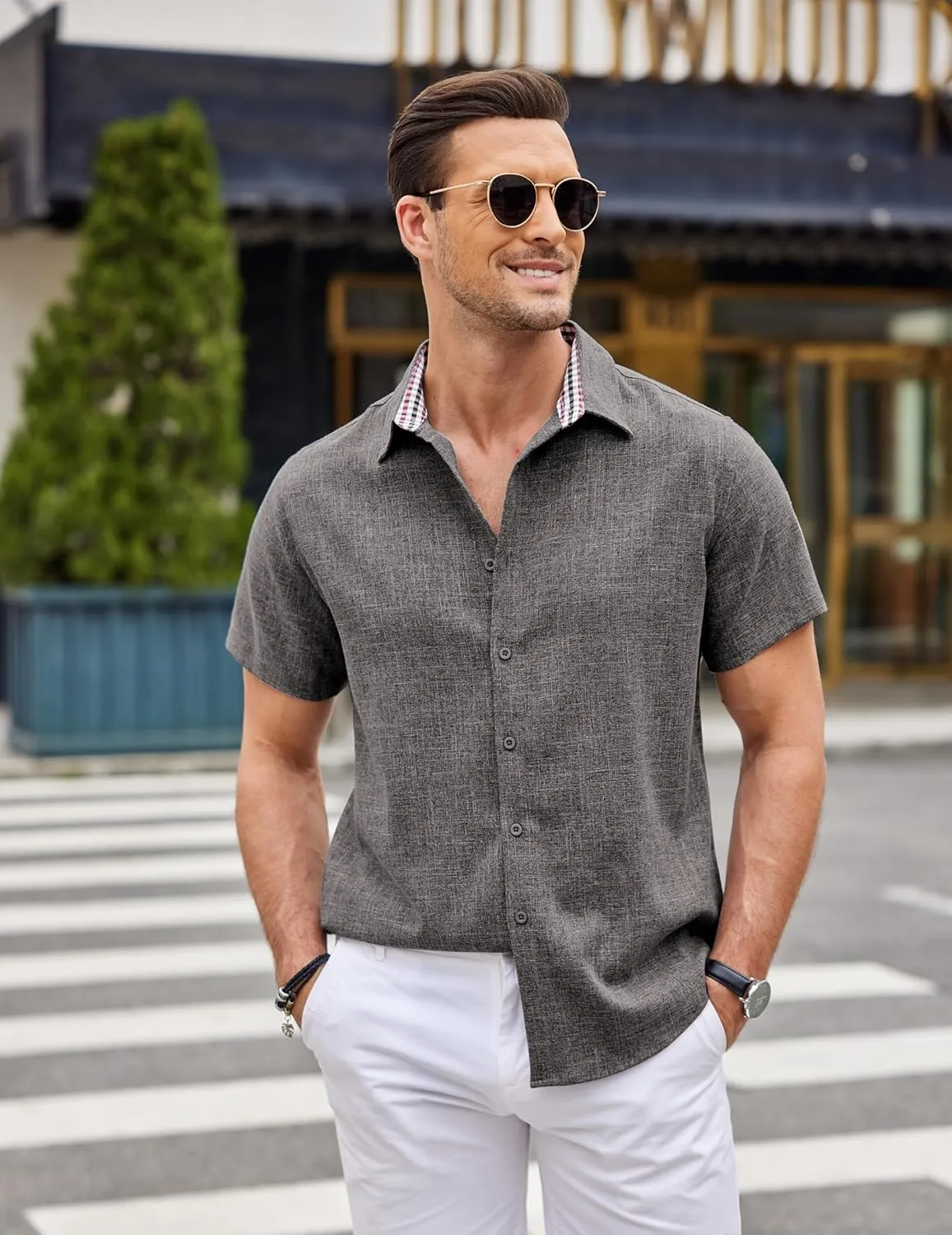 COOFANDY Mens Linen Shirt Short Sleeve Button Down Shirts Casual Plaid Collar Summer Beach Shirts
