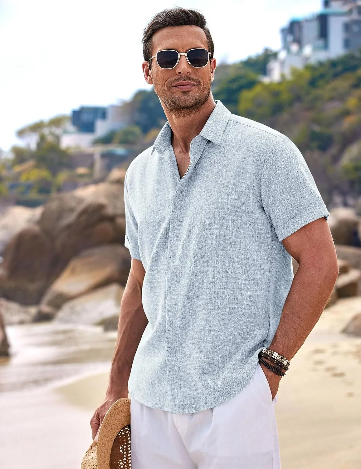 COOFANDY Men's Linen Shirts Short Sleeve Casual Shirts Button Down Shirt for Men Beach Summer Wedding Shirt