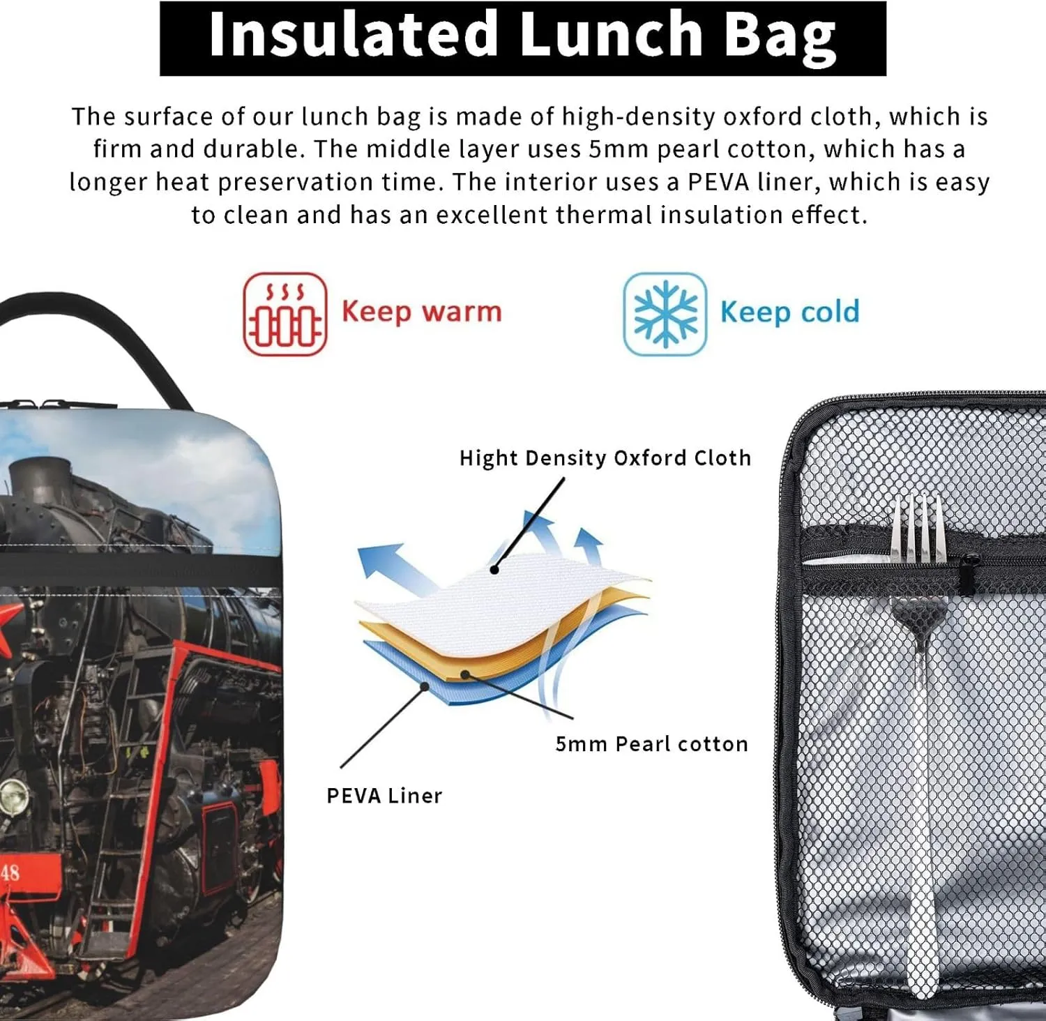 Cool Train Retro Railway Lunch Bag Insulated Reusable Lunch Box Lunch Tote Lunchbox Portable Bento Bags For Men Women Office Work Travel Picnic Camping