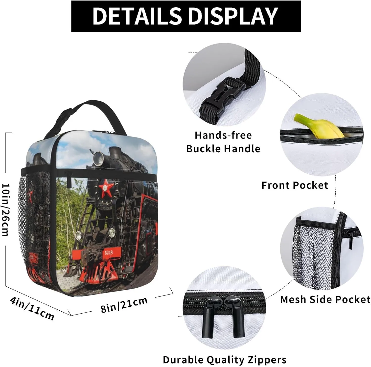 Cool Train Retro Railway Lunch Bag Insulated Reusable Lunch Box Lunch Tote Lunchbox Portable Bento Bags For Men Women Office Work Travel Picnic Camping