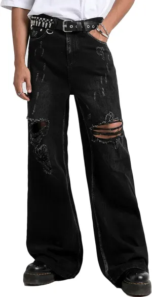 COOLMONAR Men's Baggy Jeans Ripped Black Wide Leg Distressed Destroyed Jean Denim Pants