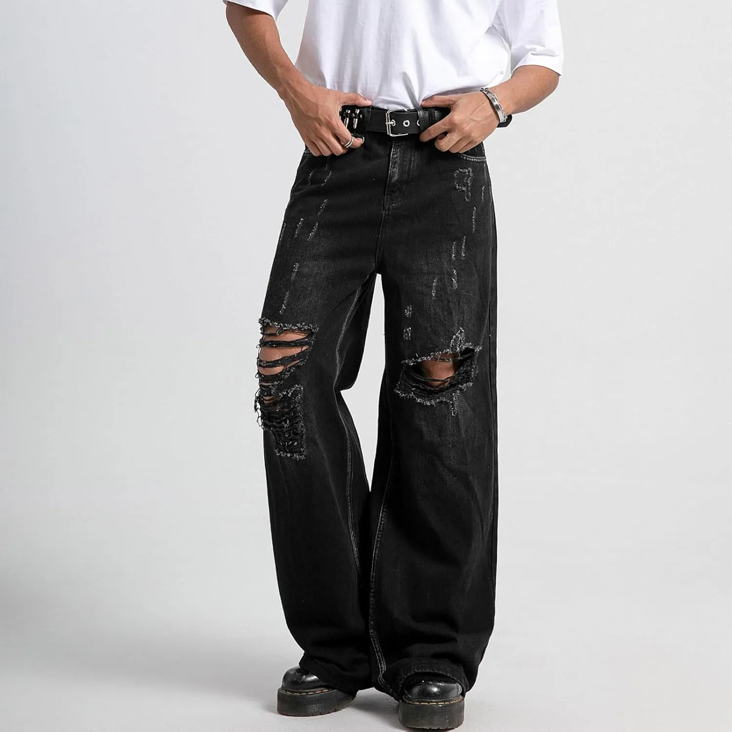 COOLMONAR Men's Baggy Jeans Ripped Black Wide Leg Distressed Destroyed Jean Denim Pants
