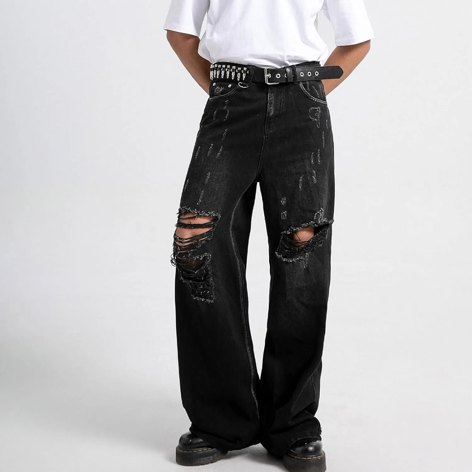 COOLMONAR Men's Baggy Jeans Ripped Black Wide Leg Distressed Destroyed Jean Denim Pants