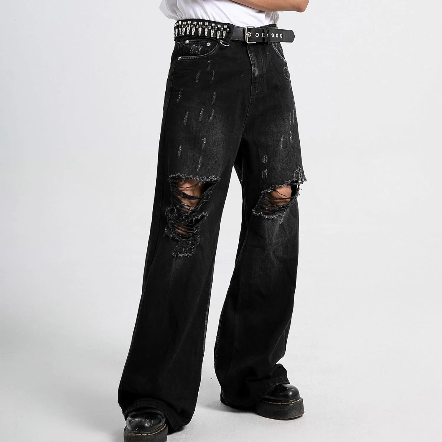 COOLMONAR Men's Baggy Jeans Ripped Black Wide Leg Distressed Destroyed Jean Denim Pants