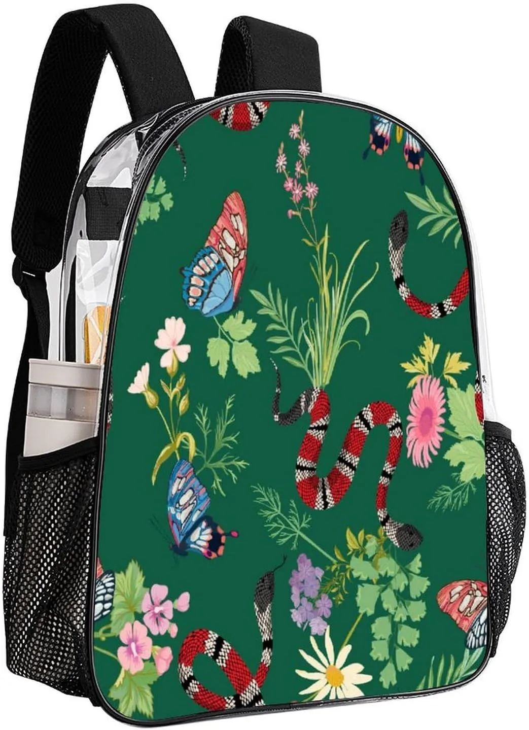 Coral Snakes Tropical Butterfly 17 Inch Transparent Backpack Animal Wildlife Water Resistant PVC Clear Laptop Daypack for Travel Work Camping Women Men 43x32x13cm