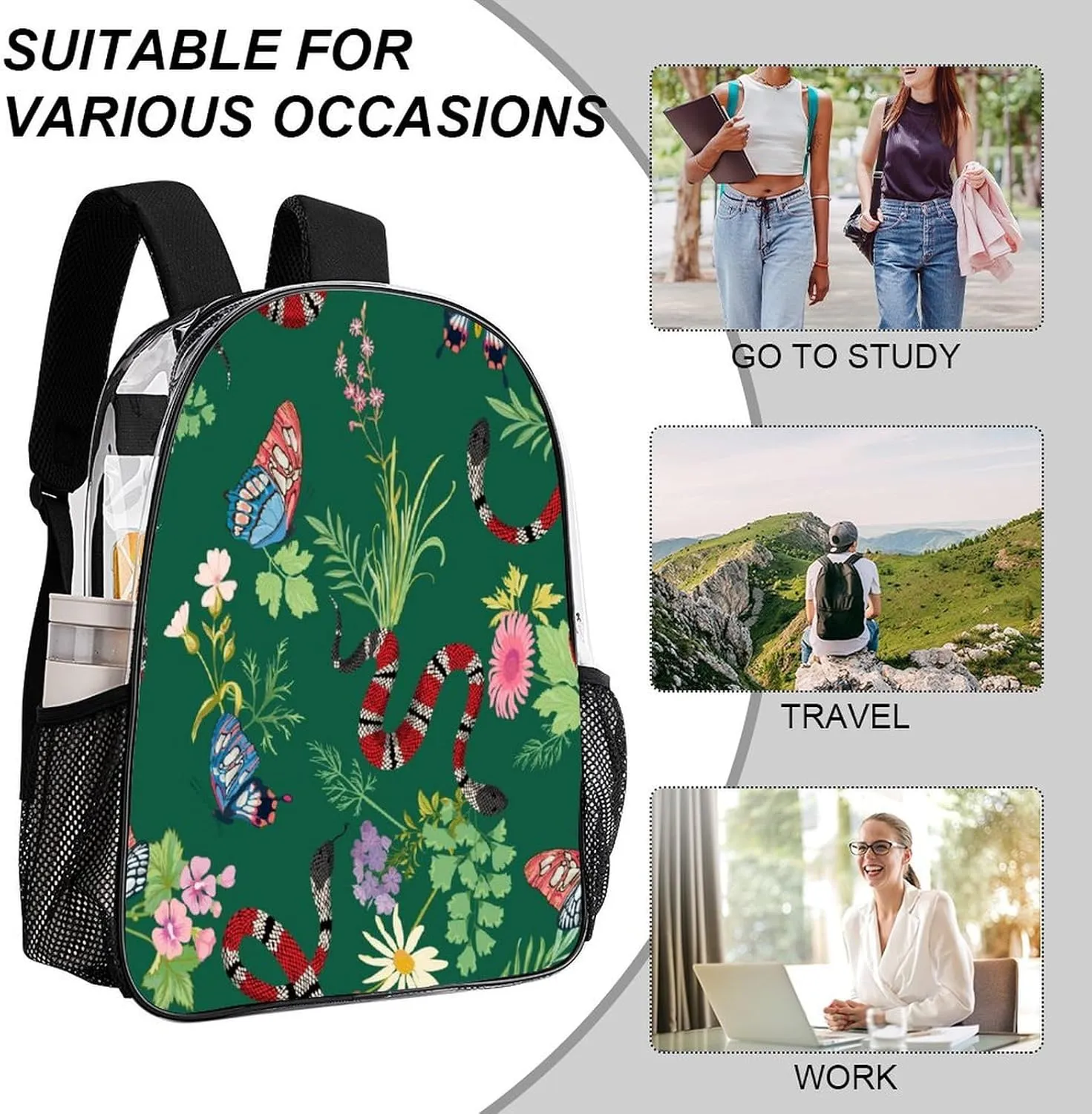 Coral Snakes Tropical Butterfly 17 Inch Transparent Backpack Animal Wildlife Water Resistant PVC Clear Laptop Daypack for Travel Work Camping Women Men 43x32x13cm